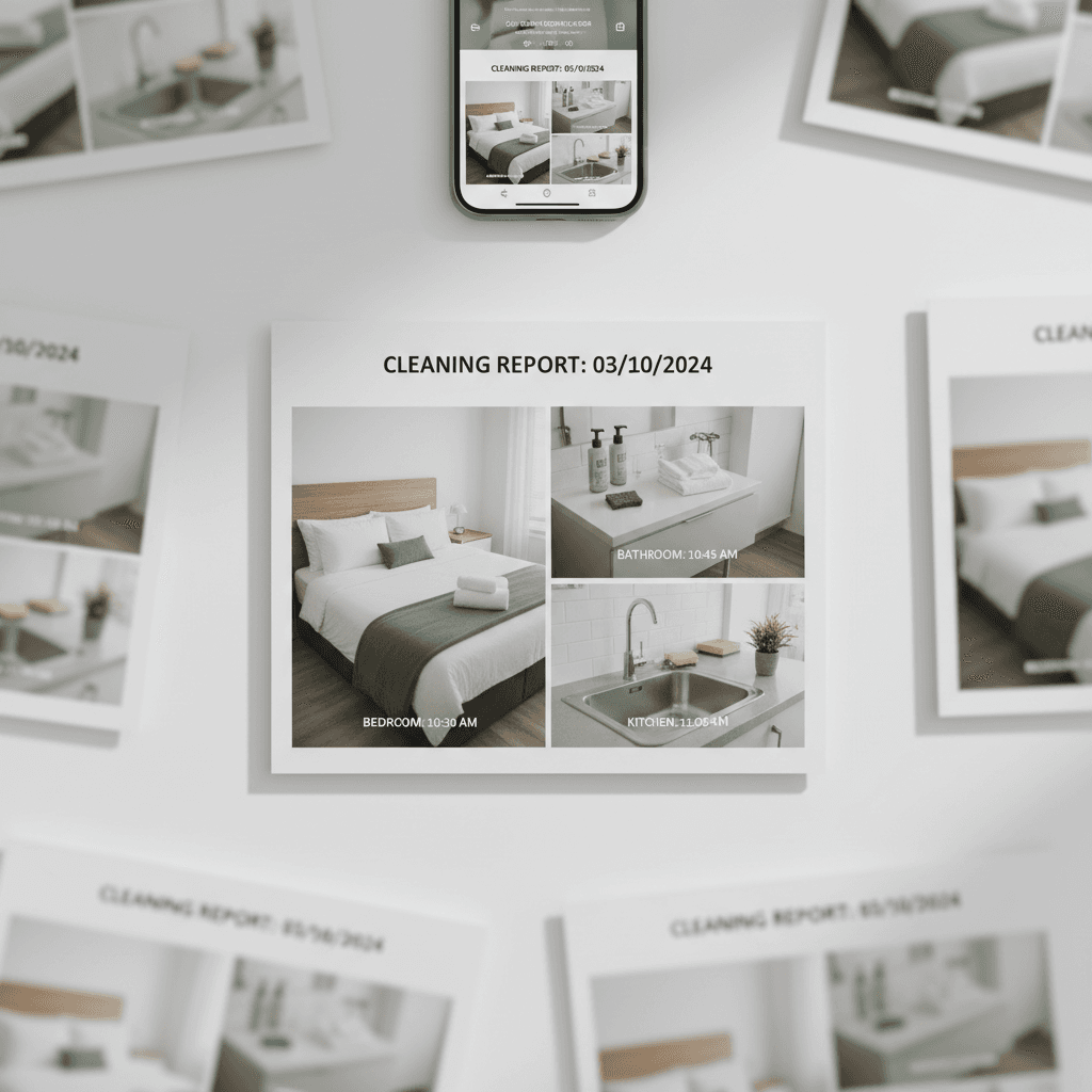 Printed timestamped photo reports showing cleaned bedroom, bathroom, and kitchen