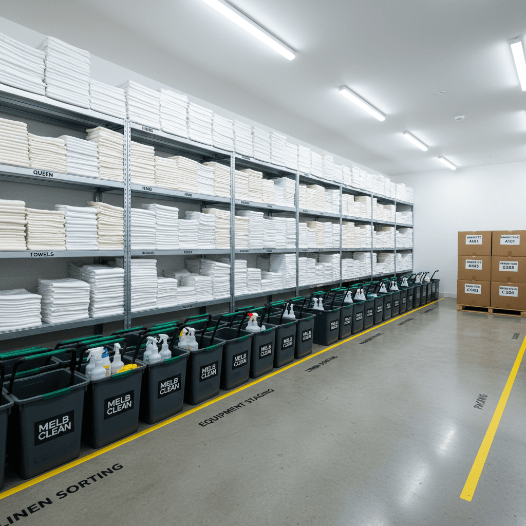 Operations hub showing staged linens, prepared amenity packs, and fully stocked cleaning caddies