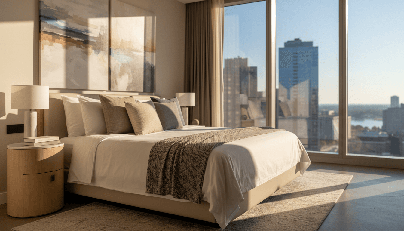 Hotel-standard bed with crisp white linens and rolled towels